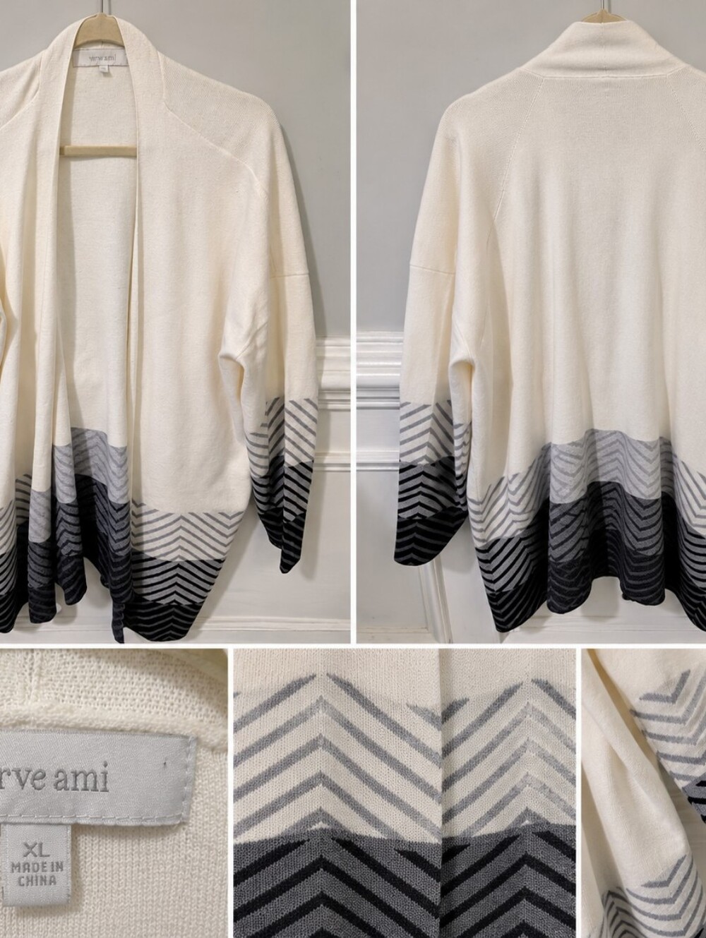 Ami Cream Open-Front Cardigan with Gray and Black Chevron Hem